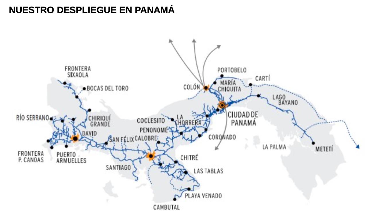 Mapa de cobertura de red de fibra óptica de Fibra Panamá en las provincias de Panamá, Chiriquí y Los Santos
